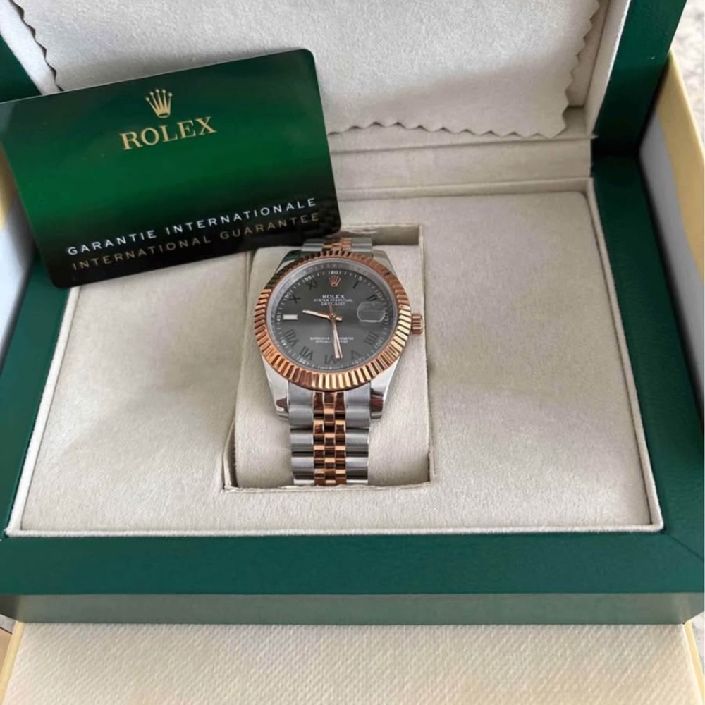 Rolex Silver and Gold Men's Watch with Black Dial